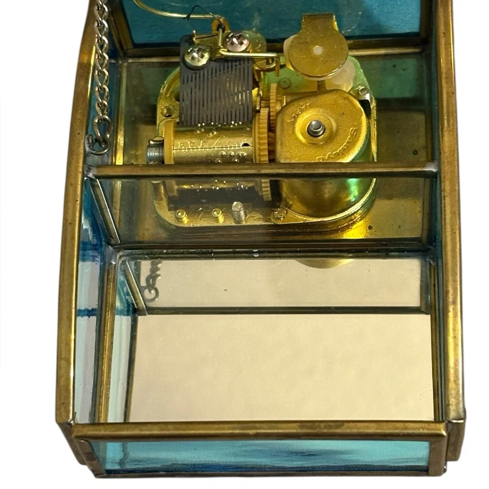 VTG Enesco Glass and Brass Jewelry Trinket Music Box With Floral & Hummingbirds